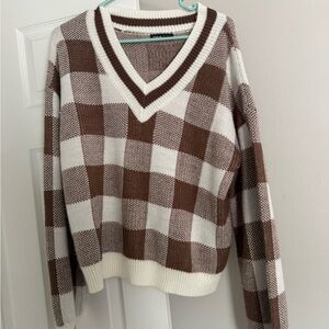 SHEIN Brown and Cream Checkered V-Neck Sweater